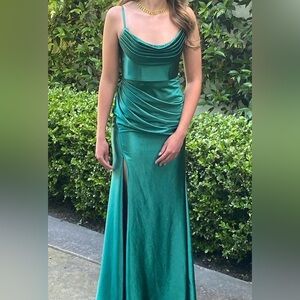 Stacees Column Hunter Green Satin Prom Dress/Evening Gown- cowl neck